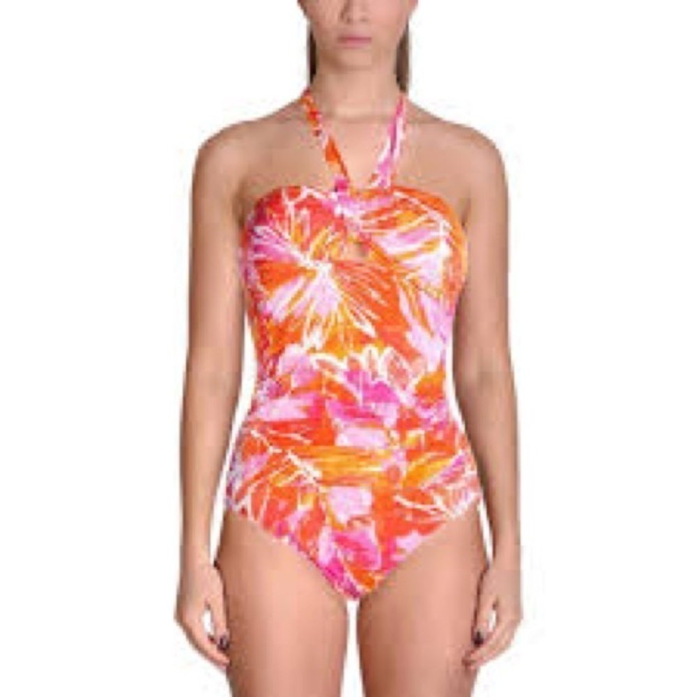 Lauren Ralph Lauren pink & orange tropical ruched halter 1 piece swimsuit, 12.